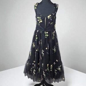 Floral Embroidered Tulle Corset Midi Dress Size 16 Black Witchy Whimsygoth Party